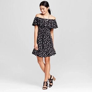Merona Black White Polka Dot Print Ruffle Off The Shoulder Swing Dress Size L
